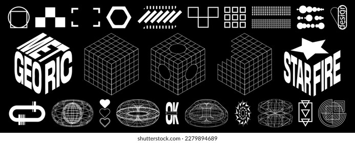 Geometrische Wireframe-Formen und Gitter in neongrüner Farbe. Abstrakte 3D-Formen. 00s Y2k retro futuristische Ästhetik.