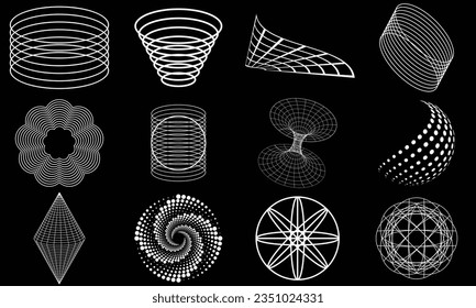 Geometry wireframe shapes and grids . 3D hearts, abstract backgrounds, patterns, cyberpunk elements in trendy psychedelic rave style. 00s Y2k retro futuristic aesthetic.