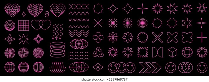  Geometry wireframe shapes and grids, 3D hearts, cyberpunk abstract elements set in trendy psychedelic rave 00s style. Collection of graphic vector neon pink Y2k retro futuristic aesthetic.