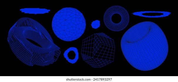 Geometry wireframe shapes and grids. Abstract, cyberpunk, 3D elements, backgrounds, patterns in trendy Brutalism style, neon color. 00s Y2k retro futuristic aesthetic