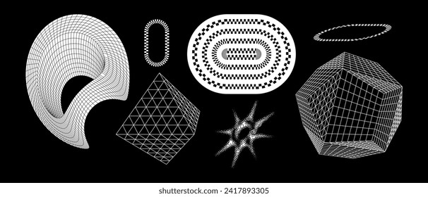 Geometry wireframe shapes and grids. Abstract, cyberpunk, 3D elements, backgrounds, patterns in trendy Brutalism style, neon color. 00s Y2k retro futuristic aesthetic