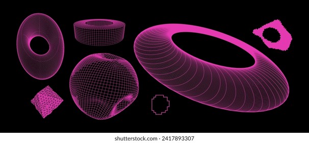 Geometry wireframe shapes and grids. Abstract, cyberpunk, 3D elements, backgrounds, patterns in trendy Brutalism style, neon color. 00s Y2k retro futuristic aesthetic