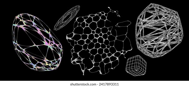Geometry wireframe shapes and grids. Abstract, cyberpunk, 3D elements, backgrounds, patterns in trendy Brutalism style, neon color. 00s Y2k retro futuristic aesthetic