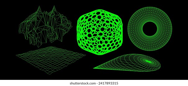 Geometry wireframe shapes and grids. Abstract, cyberpunk, 3D elements, backgrounds, patterns in trendy Brutalism style, neon color. 00s Y2k retro futuristic aesthetic