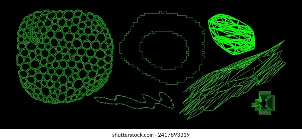 Geometry wireframe shapes and grids. Abstract, cyberpunk, 3D elements, backgrounds, patterns in trendy Brutalism style, neon color. 00s Y2k retro futuristic aesthetic