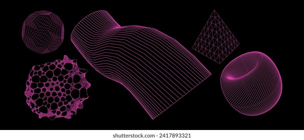 Geometry wireframe shapes and grids. Abstract, cyberpunk, 3D elements, backgrounds, patterns in trendy Brutalism style, neon color. 00s Y2k retro futuristic aesthetic