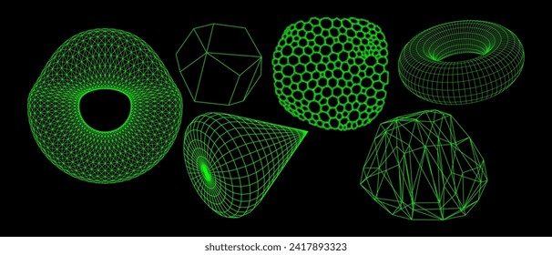 Geometry wireframe shapes and grids. Abstract, cyberpunk, 3D elements, backgrounds, patterns in trendy Brutalism style, neon color. 00s Y2k retro futuristic aesthetic