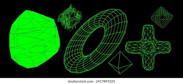 Geometry wireframe shapes and grids. Abstract, cyberpunk, 3D elements, backgrounds, patterns in trendy Brutalism style, neon color. 00s Y2k retro futuristic aesthetic