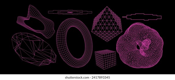 Geometry wireframe shapes and grids. Abstract, cyberpunk, 3D elements, backgrounds, patterns in trendy Brutalism style, neon color. 00s Y2k retro futuristic aesthetic