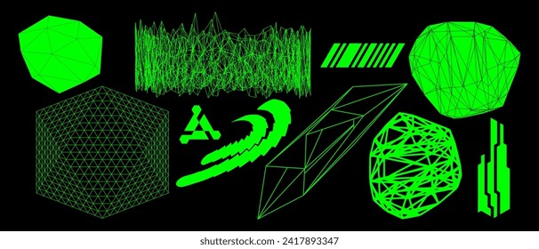 Geometry wireframe shapes and grids. Abstract, cyberpunk, 3D elements, backgrounds, patterns in trendy Brutalism style, neon color. 00s Y2k retro futuristic aesthetic