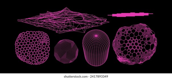 Geometry wireframe shapes and grids. Abstract, cyberpunk, 3D elements, backgrounds, patterns in trendy Brutalism style, neon color. 00s Y2k retro futuristic aesthetic