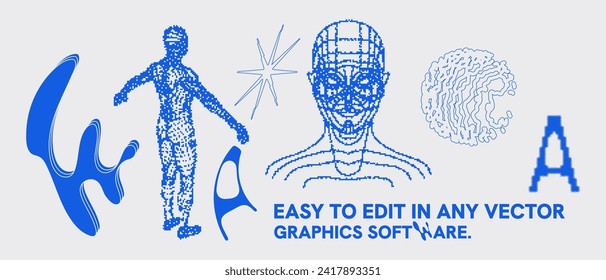 Geometry wireframe shapes and grids. Abstract, cyberpunk, 3D elements, backgrounds, patterns in trendy Brutalism style, neon color. 00s Y2k retro futuristic aesthetic