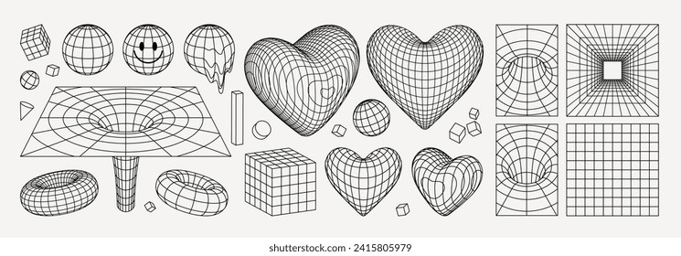 Geometry wireframe shapes and grids in black and white colors. 3D hearts, abstract backgrounds, patterns, cyberpunk elements in trendy psychedelic rave style. 00s Y2k retro futuristic aesthetic.