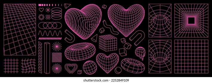 Geometry wireframe shapes   grids in neon pink color  3D hearts  abstract backgrounds  patterns  cyberpunk elements in trendy psychedelic rave style  00s Y2k retro futuristic aesthetic 