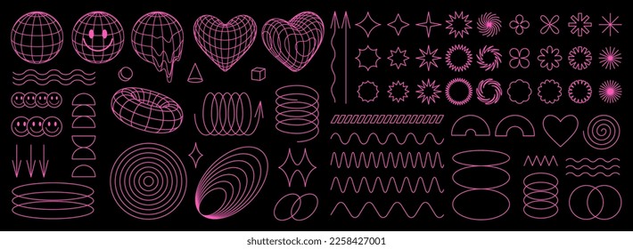 Geometry wireframe shapes and grids in neon pink color. 3D hearts, abstract backgrounds, patterns, cyberpunk elements in trendy psychedelic rave style. 00s Y2k retro futuristic aesthetic. - Shutterstock ID 2258427001