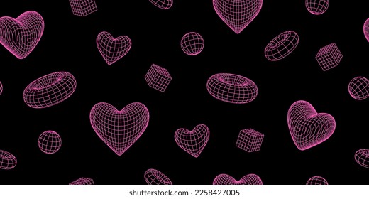 Geometry wireframe shapes and grids in neon pink color. 3D hearts seamless pattern and abstract background. Cyberpunk elements in trendy psychedelic rave style. 00s Y2k retro futuristic aesthetic.