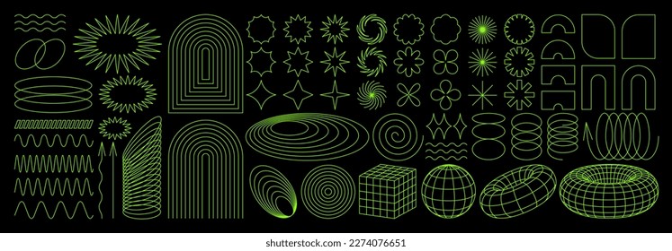 Geometry wireframe shapes and grids in neon acid color. 3D hearts, abstract backgrounds, patterns, cyberpunk elements in trendy psychedelic rave style. 00s Y2k retro futuristic aesthetic.