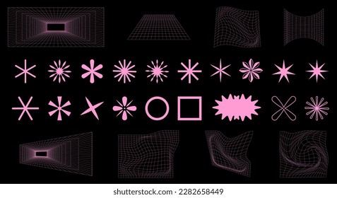 Geometry wireframe shapes and grids in neon pink color. Cyberpunk elements for your design. Vector illustration