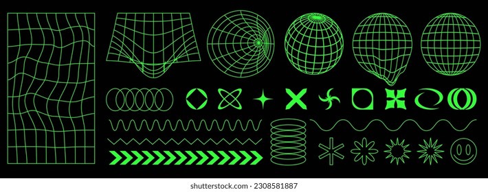 Geometría de las formas y las cuadrículas de la trama en color verde neón. Formas geométricas surrealistas, elementos ciberpunk en estilo de rave psicodélico moderno. Estética retro futurista de los años 2000.