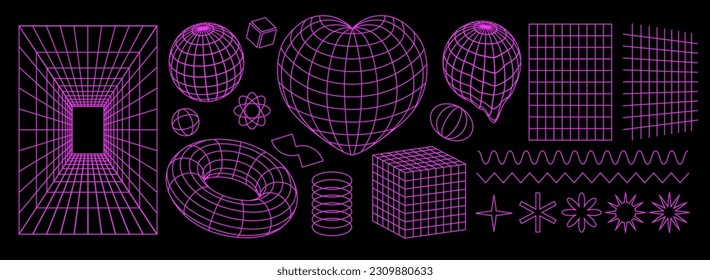 Geometry wireframe shapes and grids in neon pink color. Surreal geometric shapes, cyberpunk elements in trendy psychedelic rave style. 00s Y2k retro futuristic aesthetic.