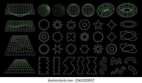 Geometry wireframe shapes and grids in neon green color. 3D shapes, abstract backgrounds, patterns, cyberpunk elements in trendy psychedelic rave style. 00s Y2k retro futuristic aesthetic