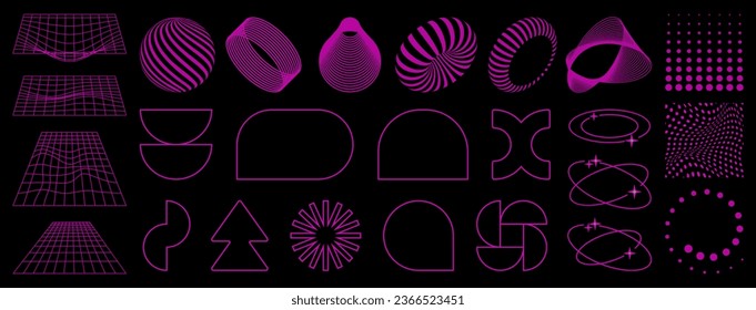 Geometry wireframe shapes and grids in neon pink color. 3D shapes, abstract backgrounds, patterns, cyberpunk elements in trendy psychedelic rave style. 00s Y2k retro futuristic aesthetic