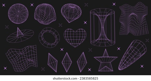 Geometry wireframe shapes and grids in neon purple color. 80s cyberpunk line elements vector set. Y2k retro futuristic aesthetic.