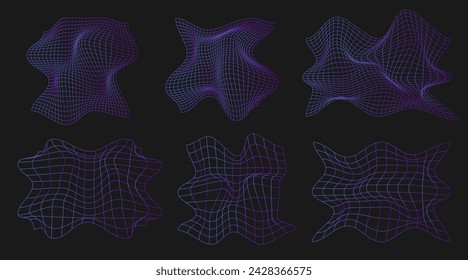 Geometry wireframe shapes and grids in neon purple gradient. 80s cyberpunk line elements vector set. Y2k retro futuristic aesthetic.