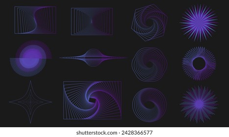 Geometry wireframe shapes and grids in neon purple gradient. 80s cyberpunk line elements vector set. Y2k retro futuristic aesthetic.
