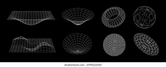 Geometry wireframe shapes and grids in neon acid color. 3D hearts, abstract backgrounds, patterns, cyberpunk elements in trendy psychedelic rave style. 00s Y2k retro futuristic aesthetic.