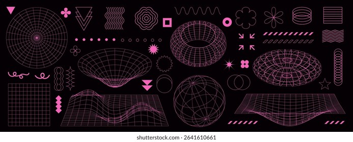 Geometry wireframe shapes and grids in neon pink color. 3D hearts, abstract backgrounds, patterns, cyberpunk elements in trendy psychedelic rave style. Y2k retro futuristic aesthetic.
