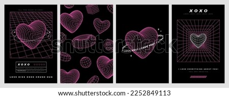 Geometry wireframe shapes and grids in neon pink color. 3D heart, abstract background, pattern, cyberpunk elements in trendy psychedelic rave style. 00s Y2k retro futuristic aesthetic. Love concept.