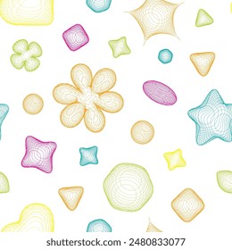 Geometry wireframe shapes seamless pattern. 3D hearts, abstract backgrounds, patterns, cyberpunk elements in trendy psychedelic rave style. 