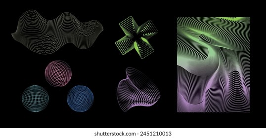 Geometry wireframe shapes, wave lines, circles, cross sign. Neon linear 3D abstract elements on black backgrounds. Cyberpunk elements in psychedelic futuristic style. Trendy colors