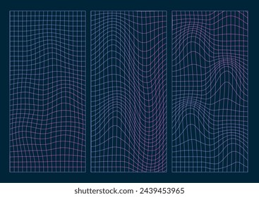 Geometry wireframe thin line grid backgrounds set in neon pink and blue colors. 3D abstract posters, patterns, cyberpunk elements in psychedelic rave style. 00s Y2k retro futuristic aesthetic. Vector