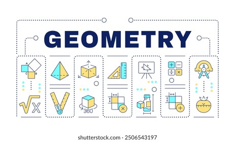 Geometry word concept on white. School subject. Trigonometry class. Mathematics education. Creative illustration banner surrounded by editable line colorful icons