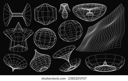 Geometry Y2k Wireframe Shapes and grids in whire color. corazones 3D, antecedentes abstractos, patrones, elementos ciberpunk en estilo de rave psicodélico a la moda. Estética retro futurista de los años 00.