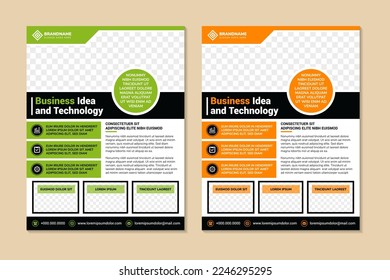 Geometry yellow and green element brochure. flyer design template vector design for business idea and technology. vertical layout template in A4 size with space for photo collage. white background.