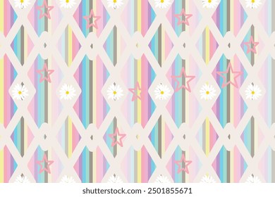 Geometry,diamond triangle,rainbows,white flower and stars ,