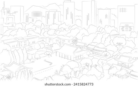Geongbokgung Palace in Seoul South Korea Black and White Vector Line Art Illustration