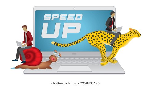 Geopard and snailraiding race on laptop. Text SPEED UP. Isolated on white. Vector illustration.