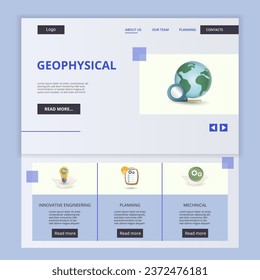 Geophysical flat landing page website template. Innovative engineering, planning, mechanical. Web banner with header, content and footer. Vector illustration.