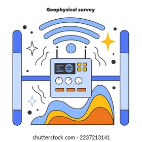 Geophysical survey for gas fields development. Natural resource exploration and extraction industry. Fossil fuel and eco-friendly energy concept. Flat vector illustration