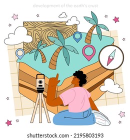 Geophysicist concept. Scientist study structure, evolution and dynamics of the planet crust and substances. Physical processes and physical properties of the Earth. Flat vector illustration