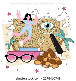 Geophysicist concept. Scientist study structure, evolution and dynamics of the planet crust and substances. Physical processes and physical properties of the Earth. Flat vector illustration