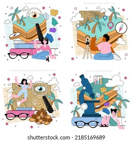 Geophysicist concept set. Scientist study structure, evolution and dynamics of the planet crust and substances. Physical processes and physical properties of the Earth. Flat vector illustration