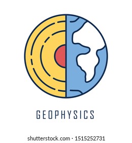 Geophysics color icon. Study of Earth crust and core. Physics branch. Inner structure and composition of Earth lithosphere. Geology and geography research. Planet model. Isolated vector illustration