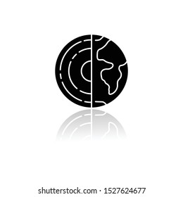 Geophysics drop shadow black glyph icon. Study of Earth crust and core. Physics branch. Inner structure and composition of Earth lithosphere. Planet model. Isolated vector illustration