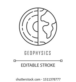 Geophysics linear icon. Study of Earth crust and core. Inner structure and composition of Earth lithosphere. Thin line illustration. Contour symbol. Vector isolated outline drawing. Editable stroke