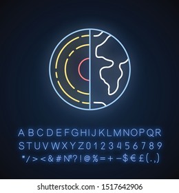 Geophysics neon light icon. Study of Earth crust and core. Inner structure and composition of Earth lithosphere. Glowing sign with alphabet, numbers and symbols. Vector isolated illustration